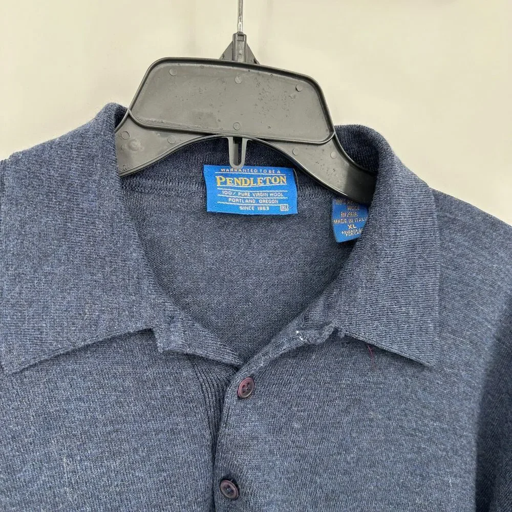 Vintage Pendleton Sweater Mens‎ XL Blue Merino Wool Ribbed Knit Collared Flaw